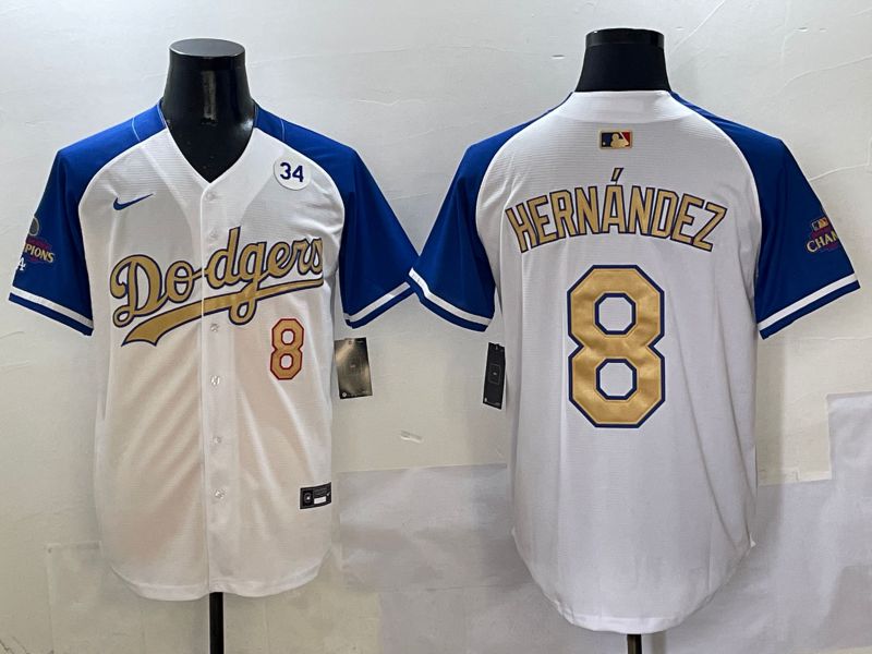 Men Los Angeles Dodgers #8 Hernandez White Blue Gold Game 2025 Nike MLB Jersey style 4